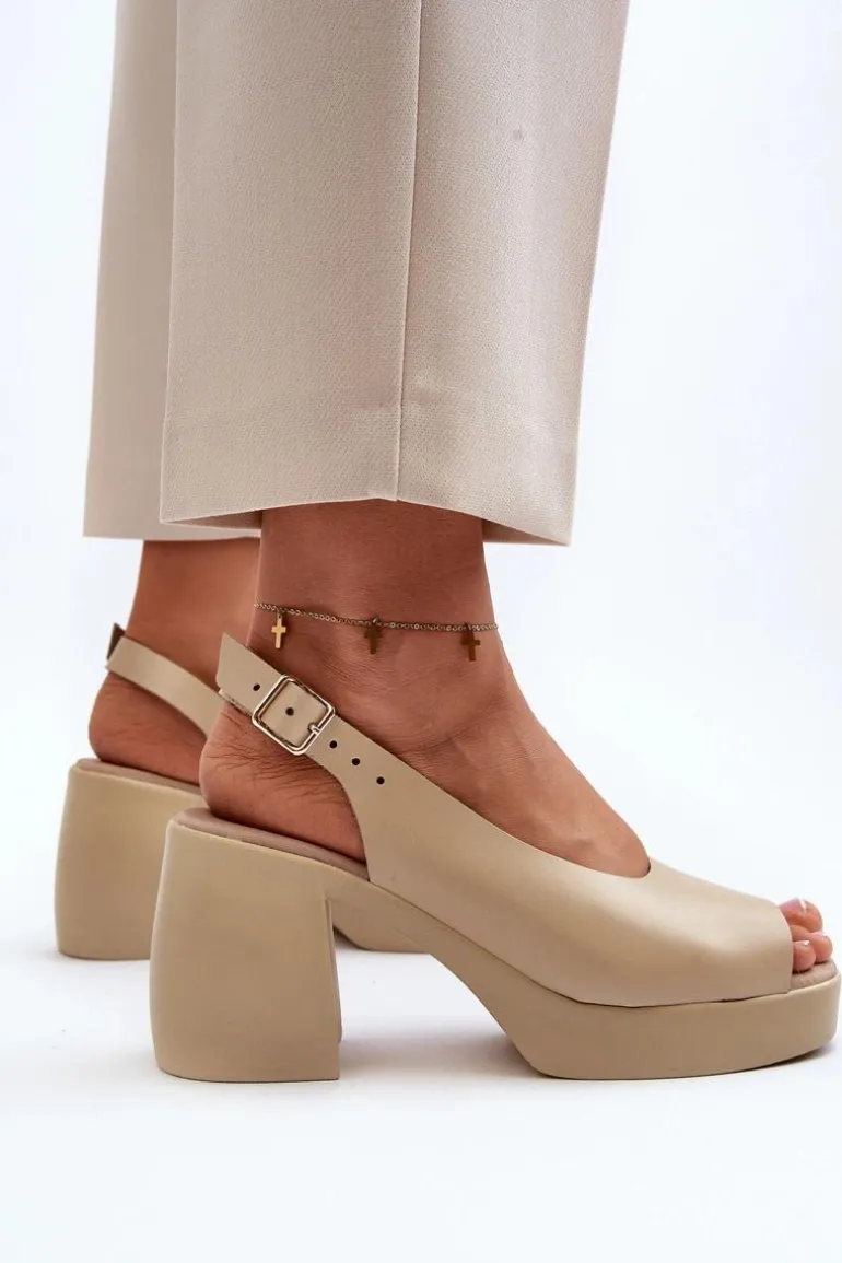 Zazoo 40376 Skórzane Sandały Na Masywnym Obcasie Beżowe