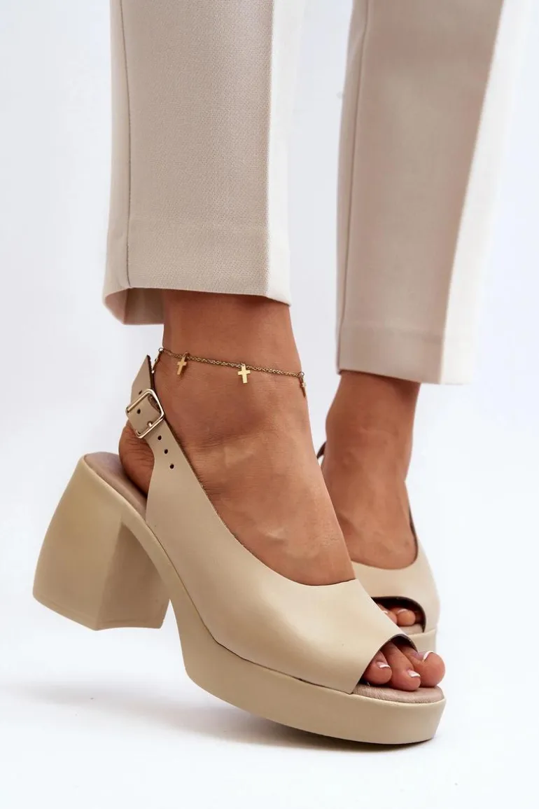 Zazoo 40376 Skórzane Sandały Na Masywnym Obcasie Beżowe