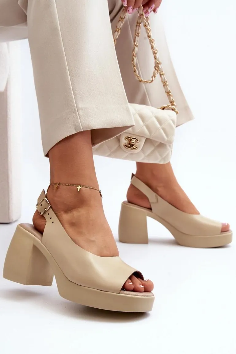 Zazoo 40376 Skórzane Sandały Na Masywnym Obcasie Beżowe