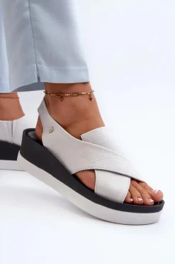 Zazoo 40256 Skórzane Sandały Na Koturnie Białe