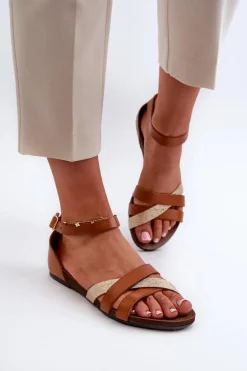 Zazoo 40225 Skórzane Sandały Na Płaskim Obcasie Brązowe