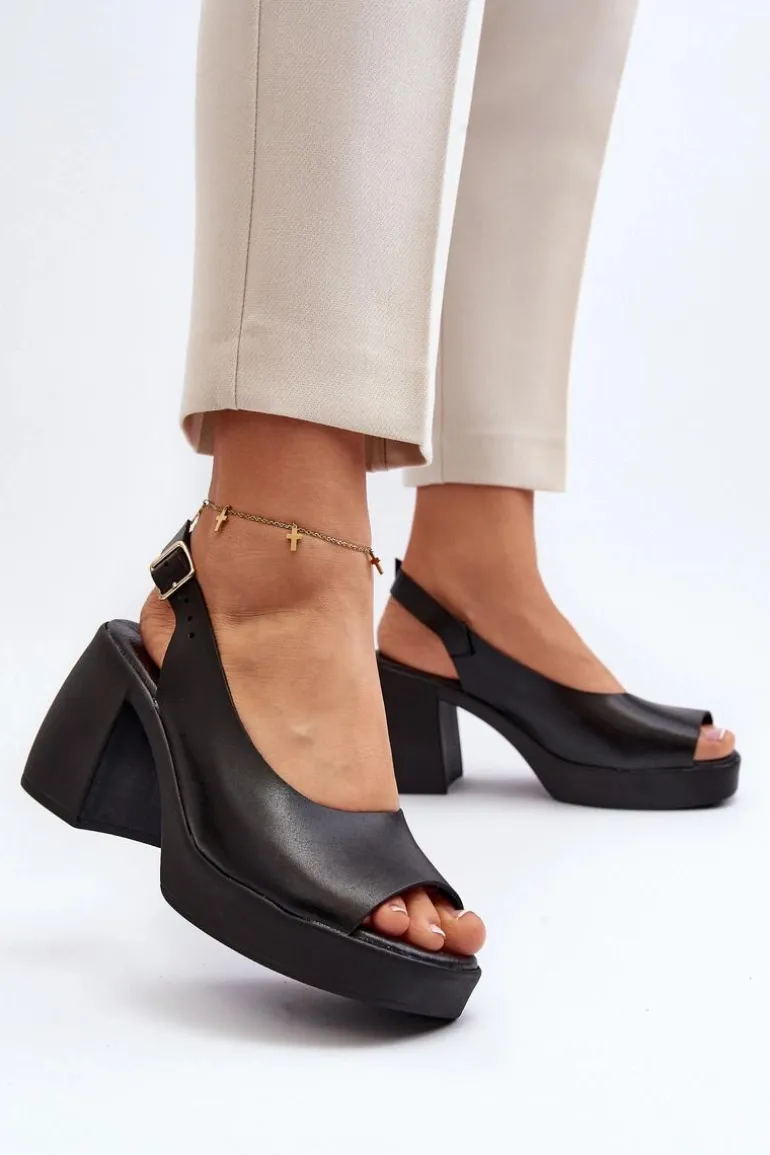 Zazoo 40376 Skórzane Sandały Na Masywnym Obcasie Czarne