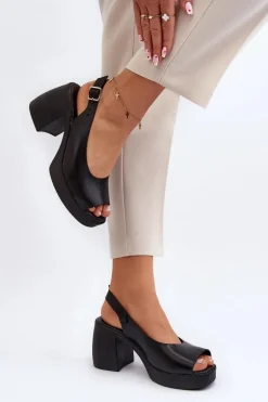 Zazoo 40376 Skórzane Sandały Na Masywnym Obcasie Czarne