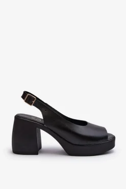 Zazoo 40376 Skórzane Sandały Na Masywnym Obcasie Czarne