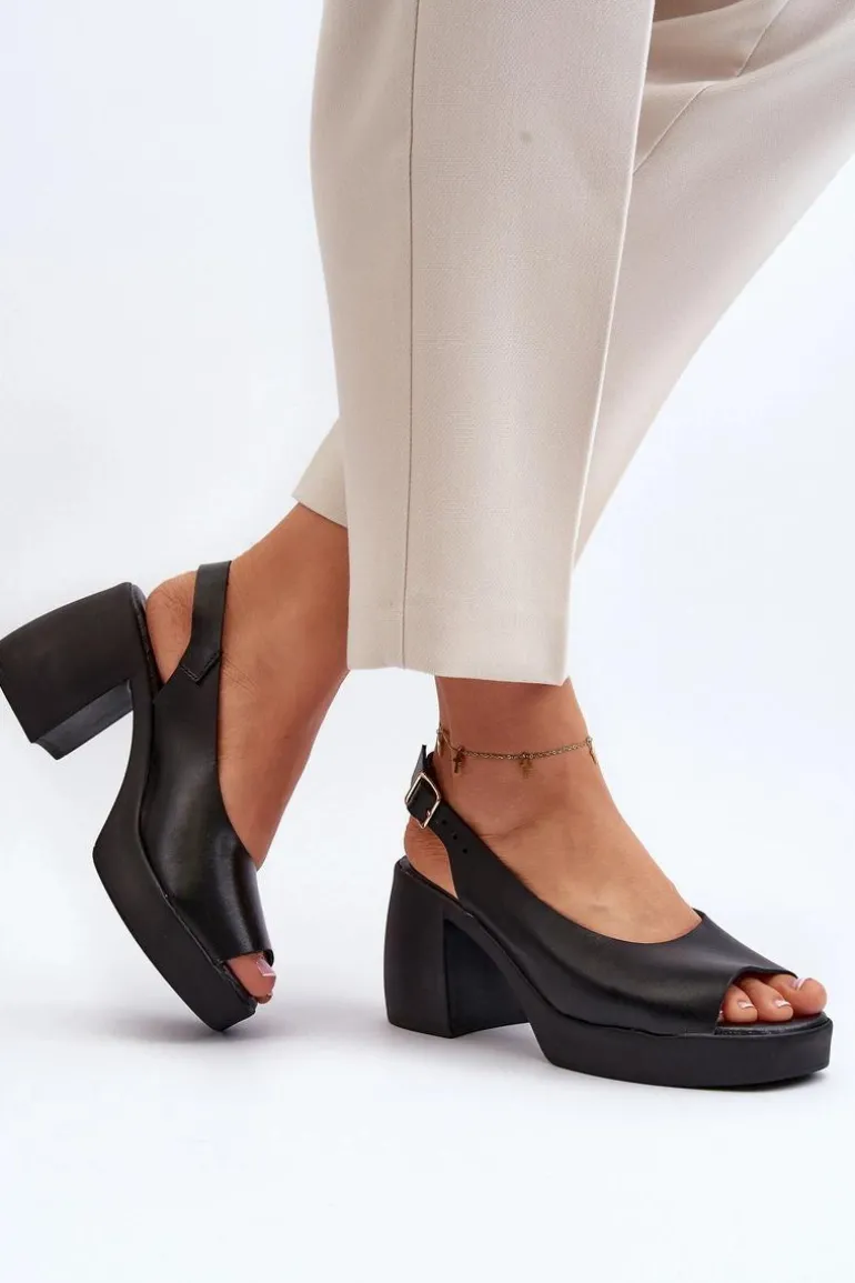 Zazoo 40376 Skórzane Sandały Na Masywnym Obcasie Czarne