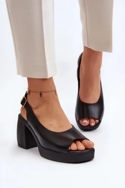 Zazoo 40376 Skórzane Sandały Na Masywnym Obcasie Czarne