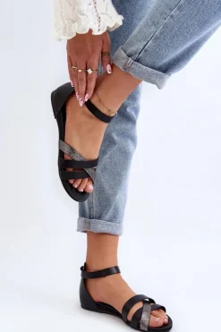 Zazoo 40225 Skórzane Sandały Na Płaskim Obcasie Czarne