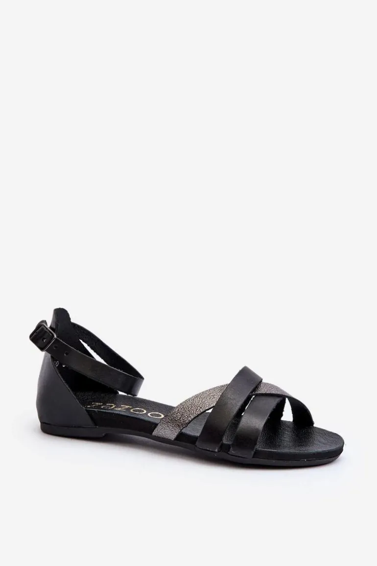Zazoo 40225 Skórzane Sandały Na Płaskim Obcasie Czarne