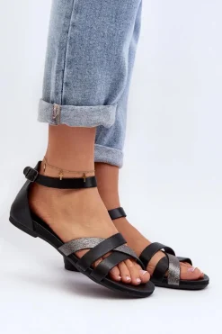 Zazoo 40225 Skórzane Sandały Na Płaskim Obcasie Czarne