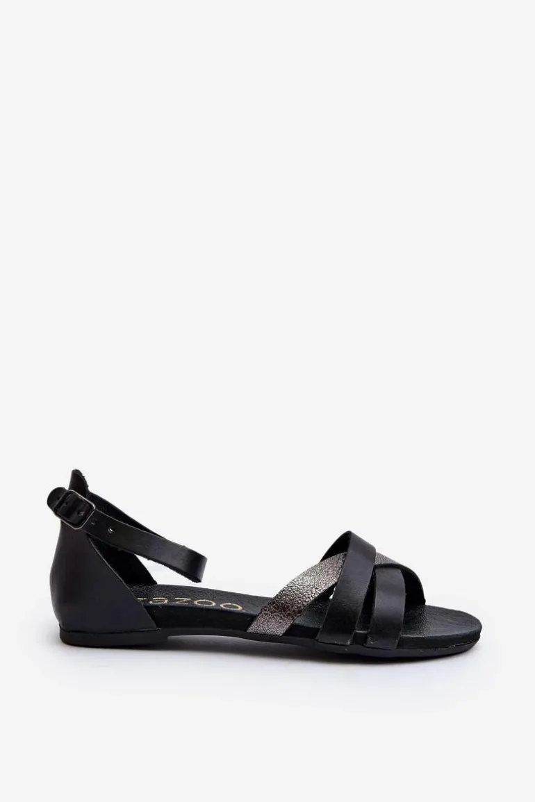 Zazoo 40225 Skórzane Sandały Na Płaskim Obcasie Czarne