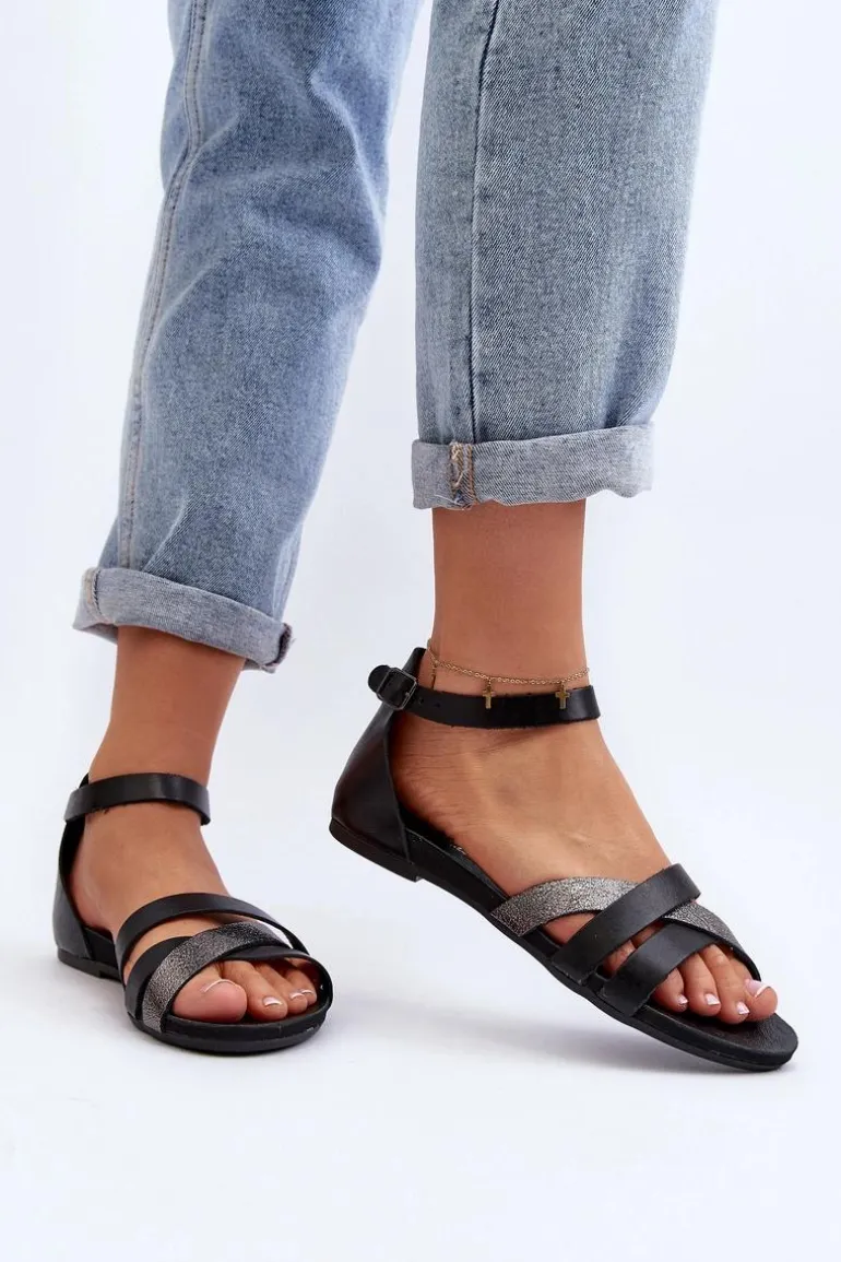 Zazoo 40225 Skórzane Sandały Na Płaskim Obcasie Czarne