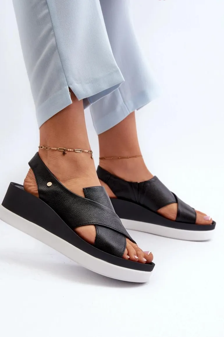 Zazoo 40256 Skórzane Sandały Na Koturnie Czarne