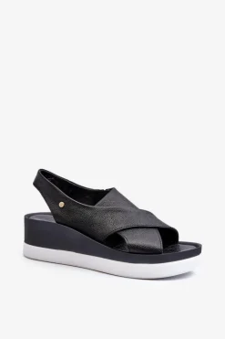 Zazoo 40256 Skórzane Sandały Na Koturnie Czarne