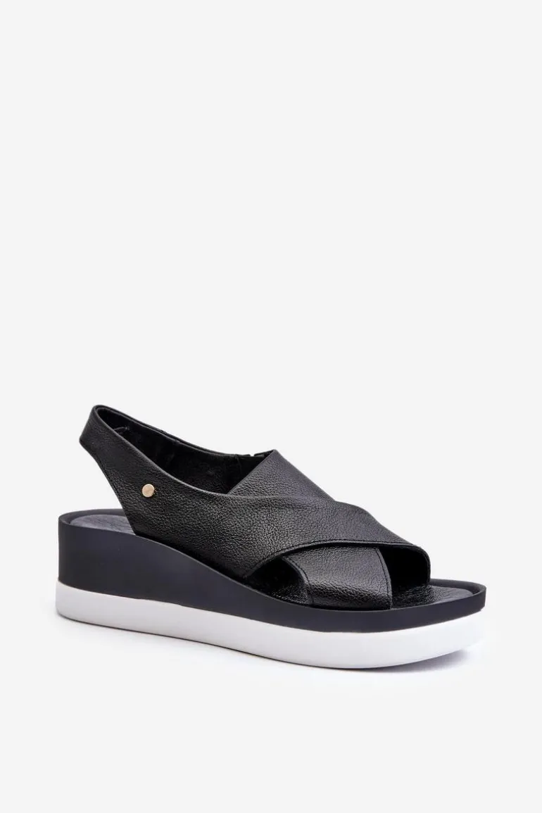 Zazoo 40256 Skórzane Sandały Na Koturnie Czarne