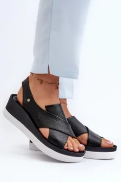 Zazoo 40256 Skórzane Sandały Na Koturnie Czarne