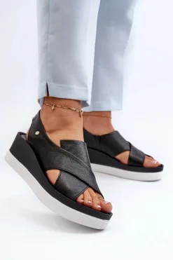 Zazoo 40256 Skórzane Sandały Na Koturnie Czarne