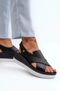 Zazoo 40256 Skórzane Sandały Na Koturnie Czarne