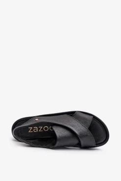 Zazoo 40256 Skórzane Sandały Na Koturnie Czarne