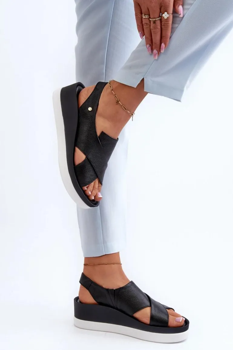 Zazoo 40256 Skórzane Sandały Na Koturnie Czarne