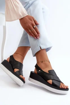 Zazoo 40256 Skórzane Sandały Na Koturnie Czarne