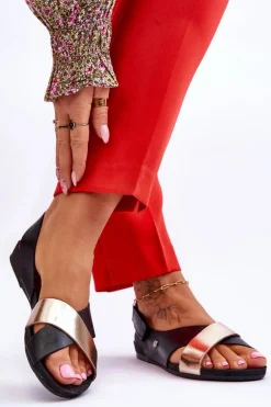 Zazoo 40141 Skórzane Sandały Na Rzep Czarno-Złote