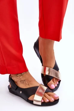 Zazoo 40141 Skórzane Sandały Na Rzep Czarno-Złote