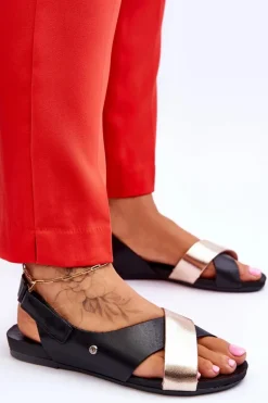 Zazoo 40141 Skórzane Sandały Na Rzep Czarno-Złote