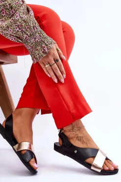 Zazoo 40141 Skórzane Sandały Na Rzep Czarno-Złote