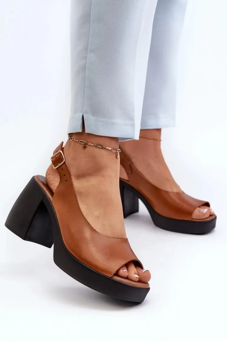 Zazoo 40376 Skórzane Sandały Na Masywnym Obcasie Brązowe