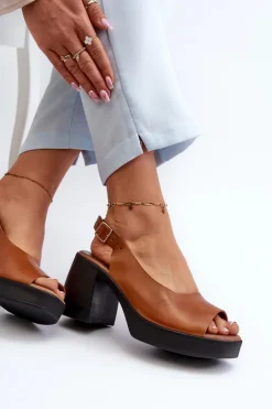 Zazoo 40376 Skórzane Sandały Na Masywnym Obcasie Brązowe