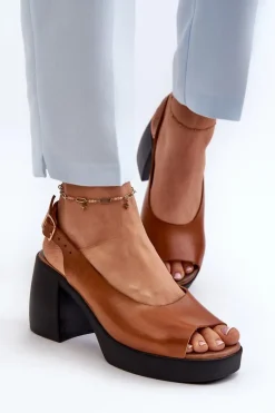 Zazoo 40376 Skórzane Sandały Na Masywnym Obcasie Brązowe