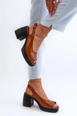 Zazoo 40376 Skórzane Sandały Na Masywnym Obcasie Brązowe