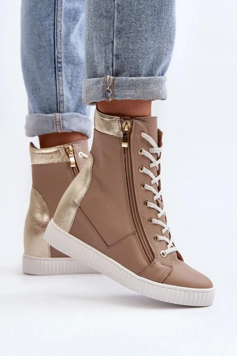 Zazoo 3081 Skórzane Trampki Damskie Na Koturnie Beżowe