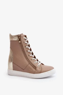 Zazoo 3081 Skórzane Trampki Damskie Na Koturnie Beżowe