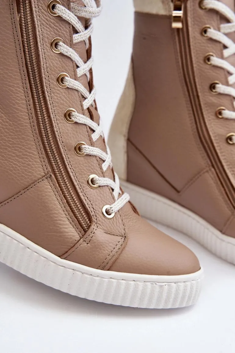 Zazoo 3081 Skórzane Trampki Damskie Na Koturnie Beżowe