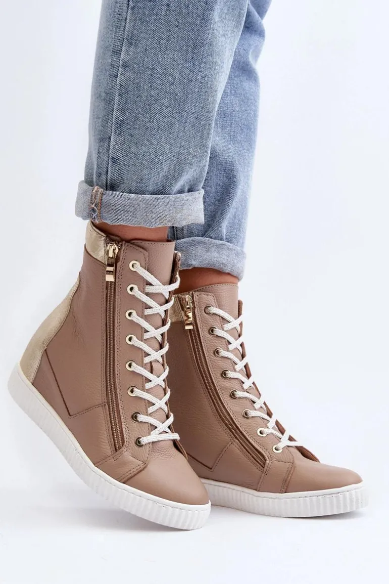 Zazoo 3081 Skórzane Trampki Damskie Na Koturnie Beżowe