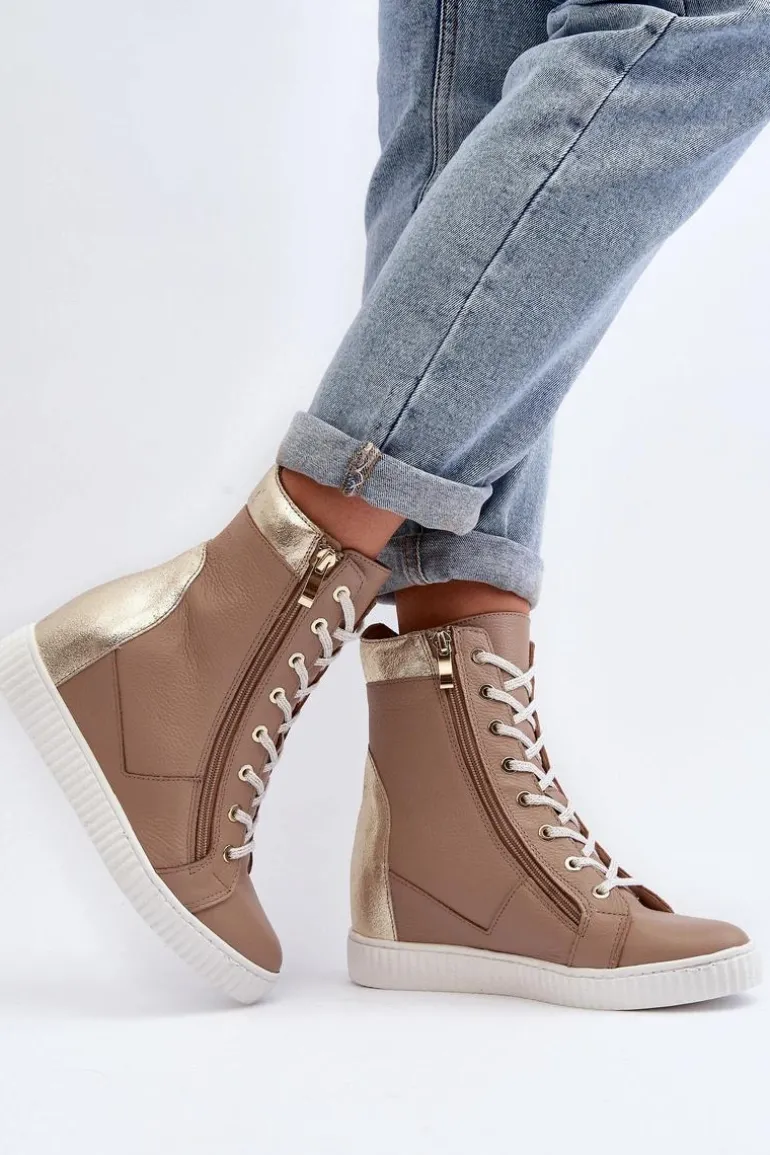 Zazoo 3081 Skórzane Trampki Damskie Na Koturnie Beżowe
