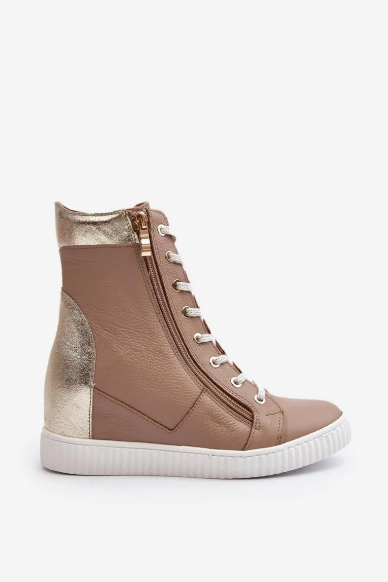 Zazoo 3081 Skórzane Trampki Damskie Na Koturnie Beżowe