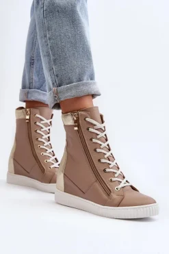 Zazoo 3081 Skórzane Trampki Damskie Na Koturnie Beżowe