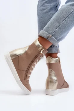 Zazoo 3081 Skórzane Trampki Damskie Na Koturnie Beżowe