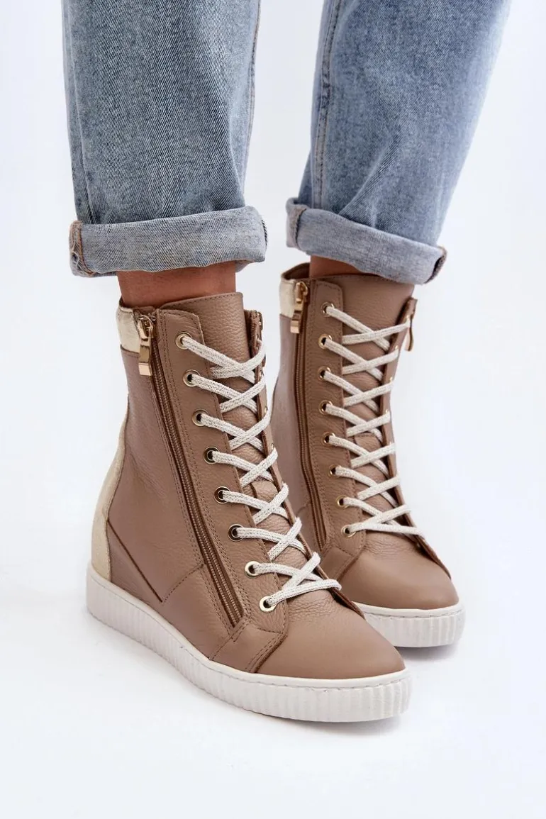 Zazoo 3081 Skórzane Trampki Damskie Na Koturnie Beżowe