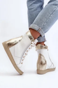 Zazoo 3081 Skórzane Trampki Damskie Na Koturnie Białe