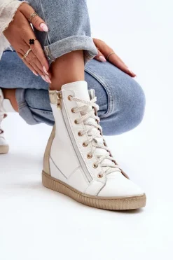 Zazoo 3081 Skórzane Trampki Damskie Na Koturnie Białe