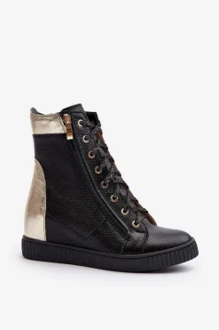 Zazoo 3081 Skórzane Trampki Damskie Na Koturnie Czarne