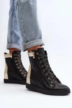 Zazoo 3081 Skórzane Trampki Damskie Na Koturnie Czarne