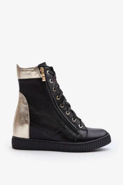 Zazoo 3081 Skórzane Trampki Damskie Na Koturnie Czarne