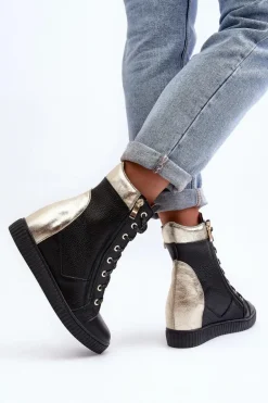 Zazoo 3081 Skórzane Trampki Damskie Na Koturnie Czarne