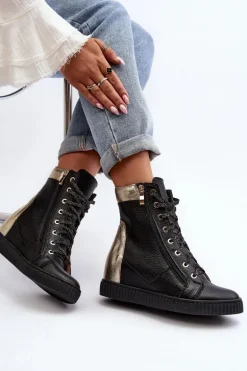 Zazoo 3081 Skórzane Trampki Damskie Na Koturnie Czarne