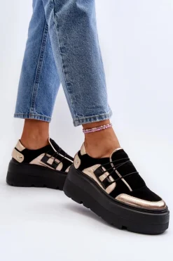 Zazoo 1833 Sneakersy Damskie Skórzane Na Masywnej Podeszwie Czarne