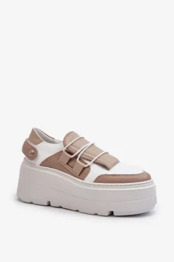 Zazoo 1833 Sneakersy Damskie Skórzane Na Masywnej Podeszwie Beżowo-Białe